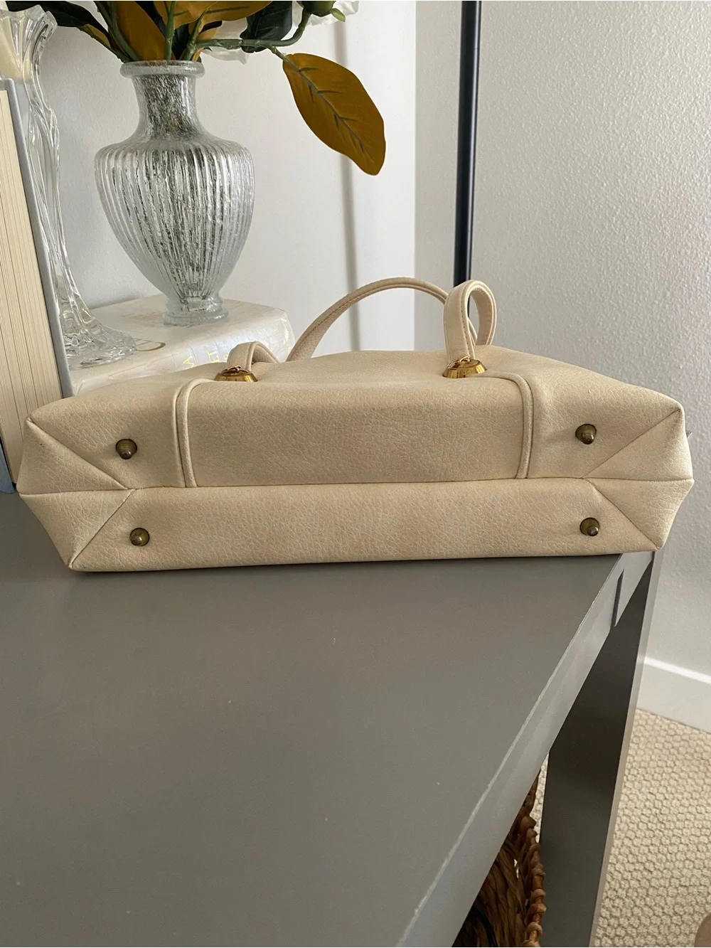 Classy Structured Cream Top-Handle purse w/Gold Accent button Hardware/reposh